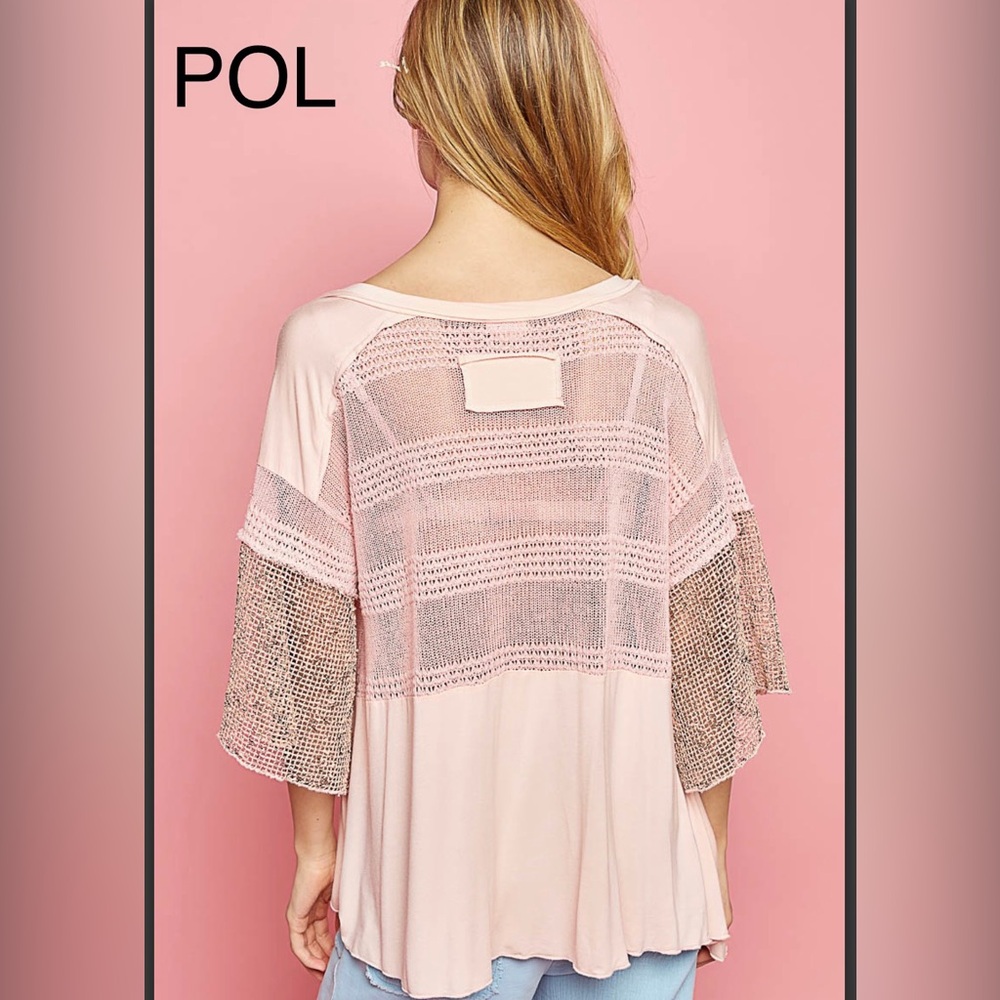 BP25🌸POL pretty pale pink mixed media top w/sheer back+sleeves🌸Great vacay look🌸 - Picture 3 of 6